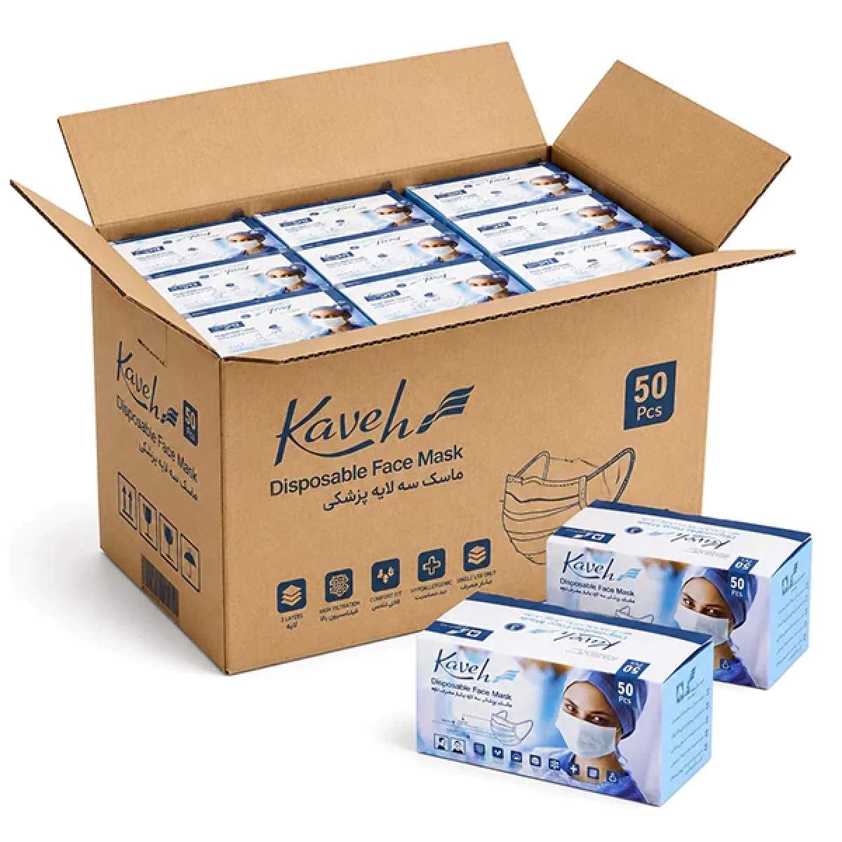 ماسک سه لایه‌ای کاوه 1 کارتن (50 بسته 50 عددی)